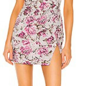 Michael Costello x revolve pink rose floral gray grey faux wrap mini skirt xs nw